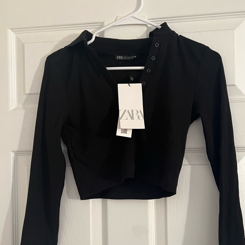 Zara black buttoned collared crop top